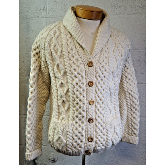 Inverallan Hand Knitted Shawl Collar Cardigan Ivory Pure New Wool Cable Pockets - Picture 2 of 10